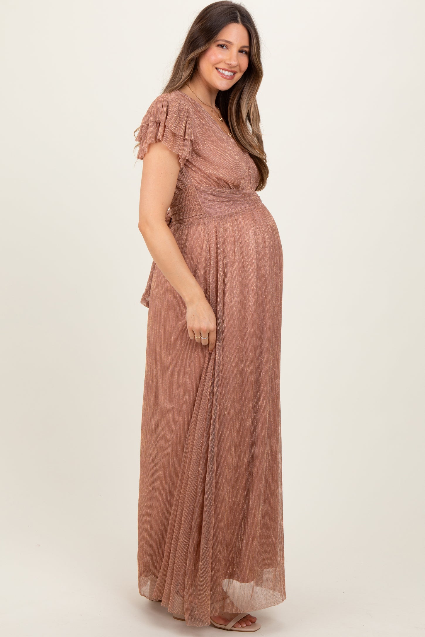 Gold Metallic Plisse Flutter Sleeve Maternity Maxi Dress PinkBlush Gold Metallic Plisse Flutter Sleeve Maternity Maxi Dress PinkBlush