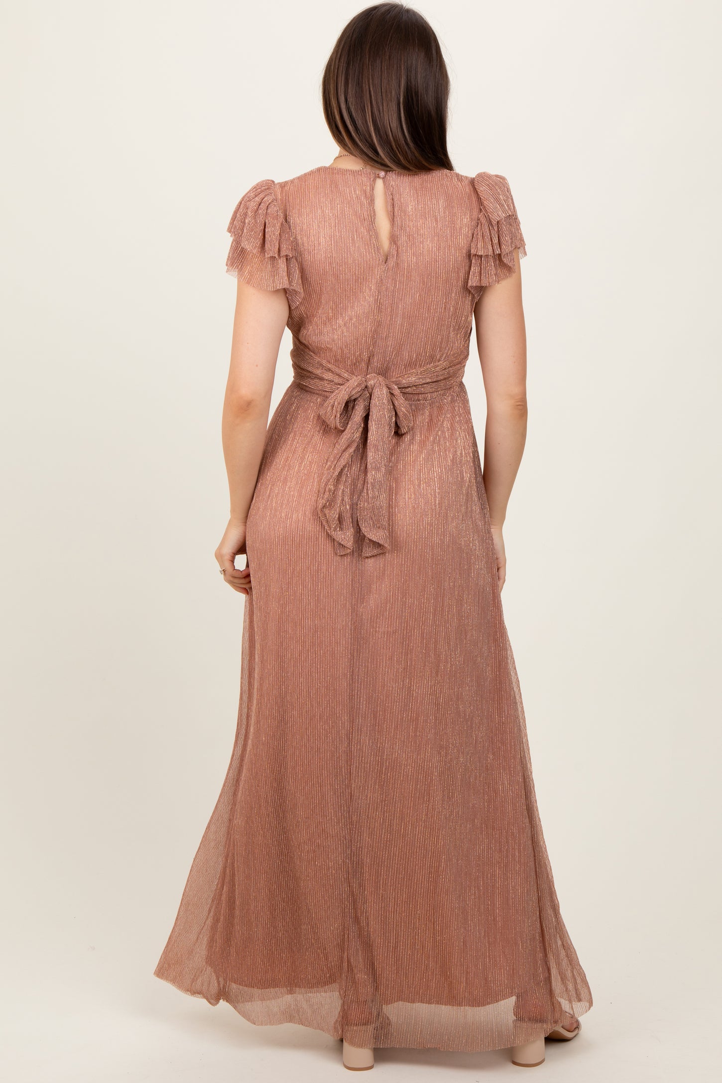 Gold Metallic Plisse Flutter Sleeve Maternity Maxi Dress PinkBlush Gold Metallic Plisse Flutter Sleeve Maternity Maxi Dress PinkBlush