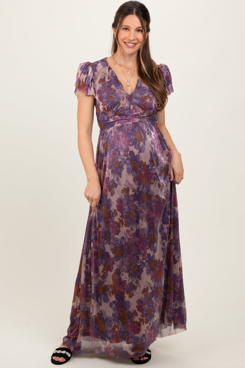 Violet Floral Metallic Flutter Sleeve Maternity Maxi Dress  PinkBlush