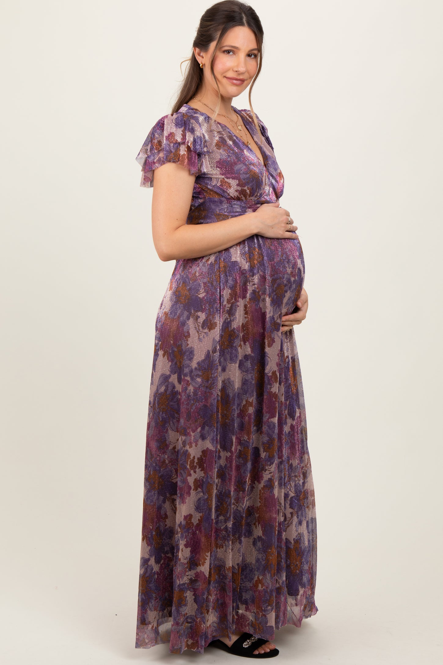 purple maternity maxi dress Purple Deep V-neck Sleeveless Ruffled Cheap Maternity Gown