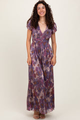 Violet Floral Metallic Flutter Sleeve Maxi Dress