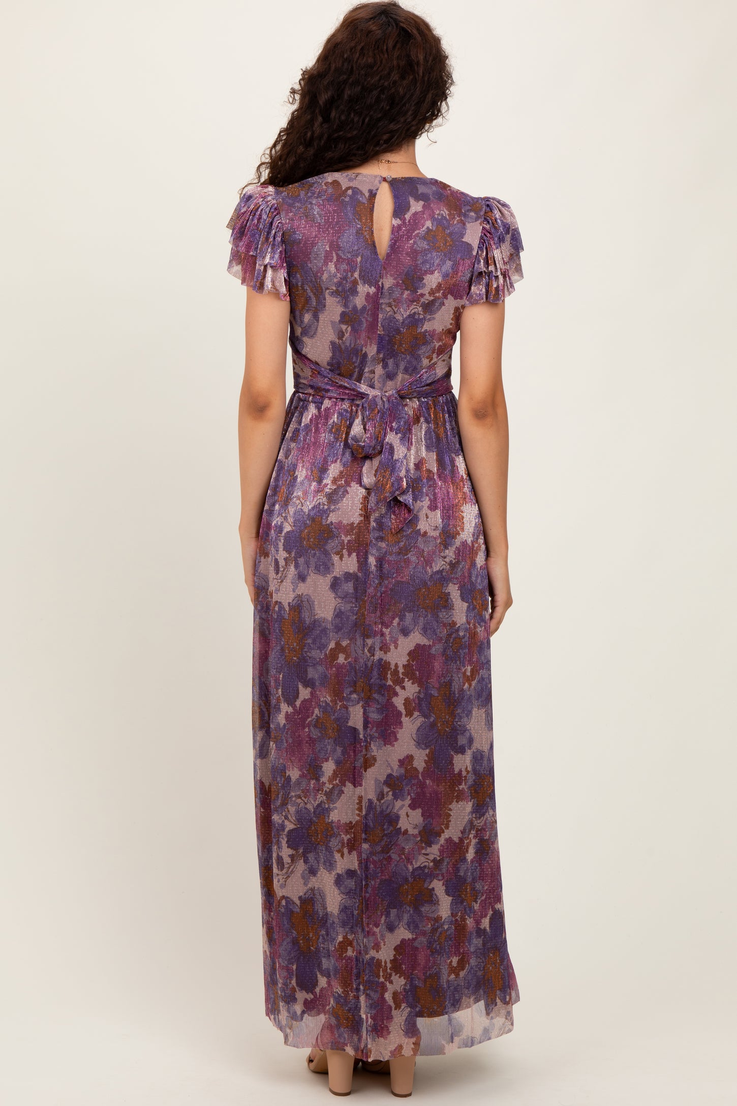 Violet Floral Metallic Flutter Sleeve Maxi Dress