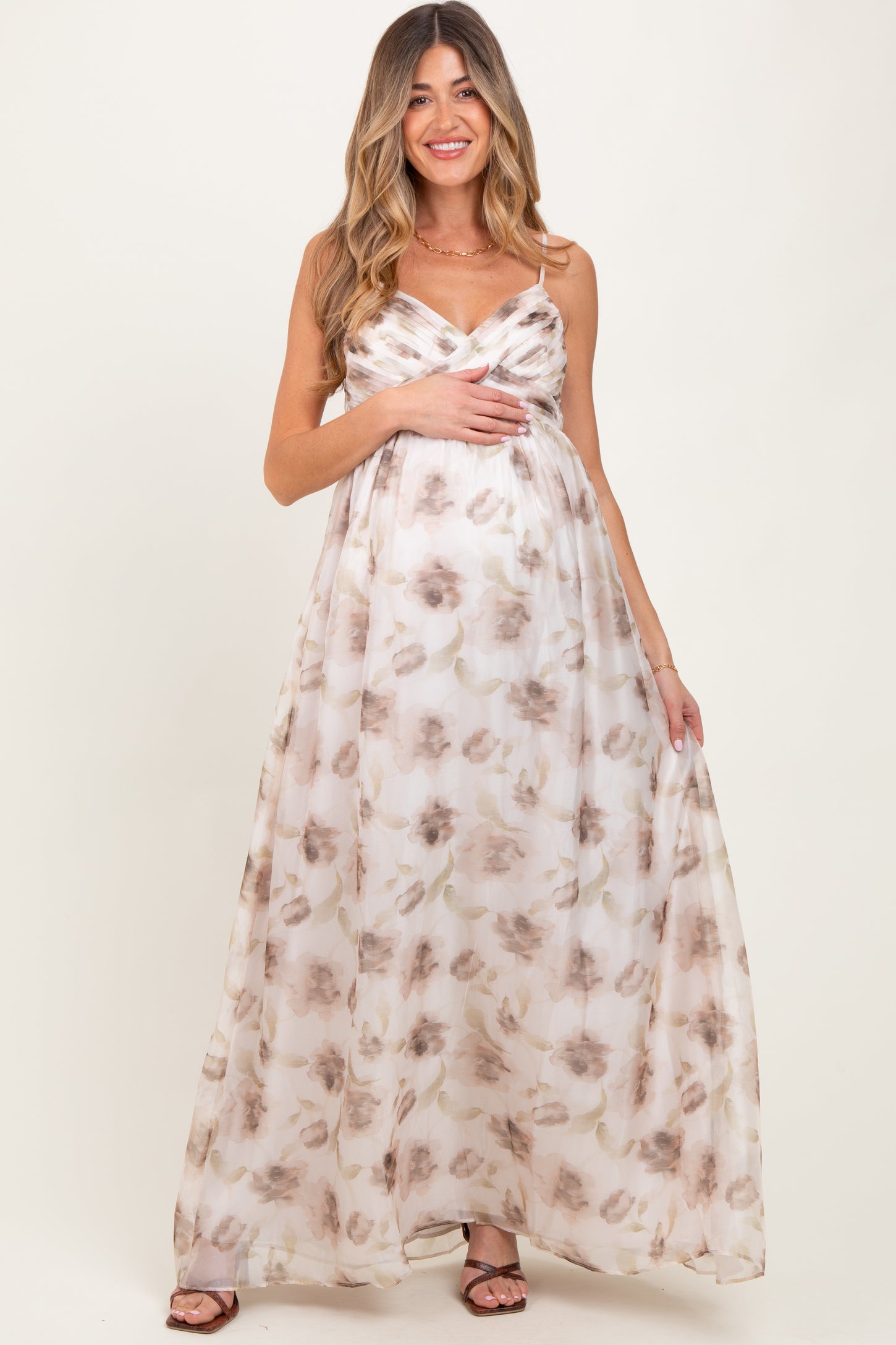 Taupe Multi Floral Print Sleeveless Maternity Maxi Dress