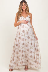 Taupe Multi Floral Print Sleeveless Maternity Maxi Dress