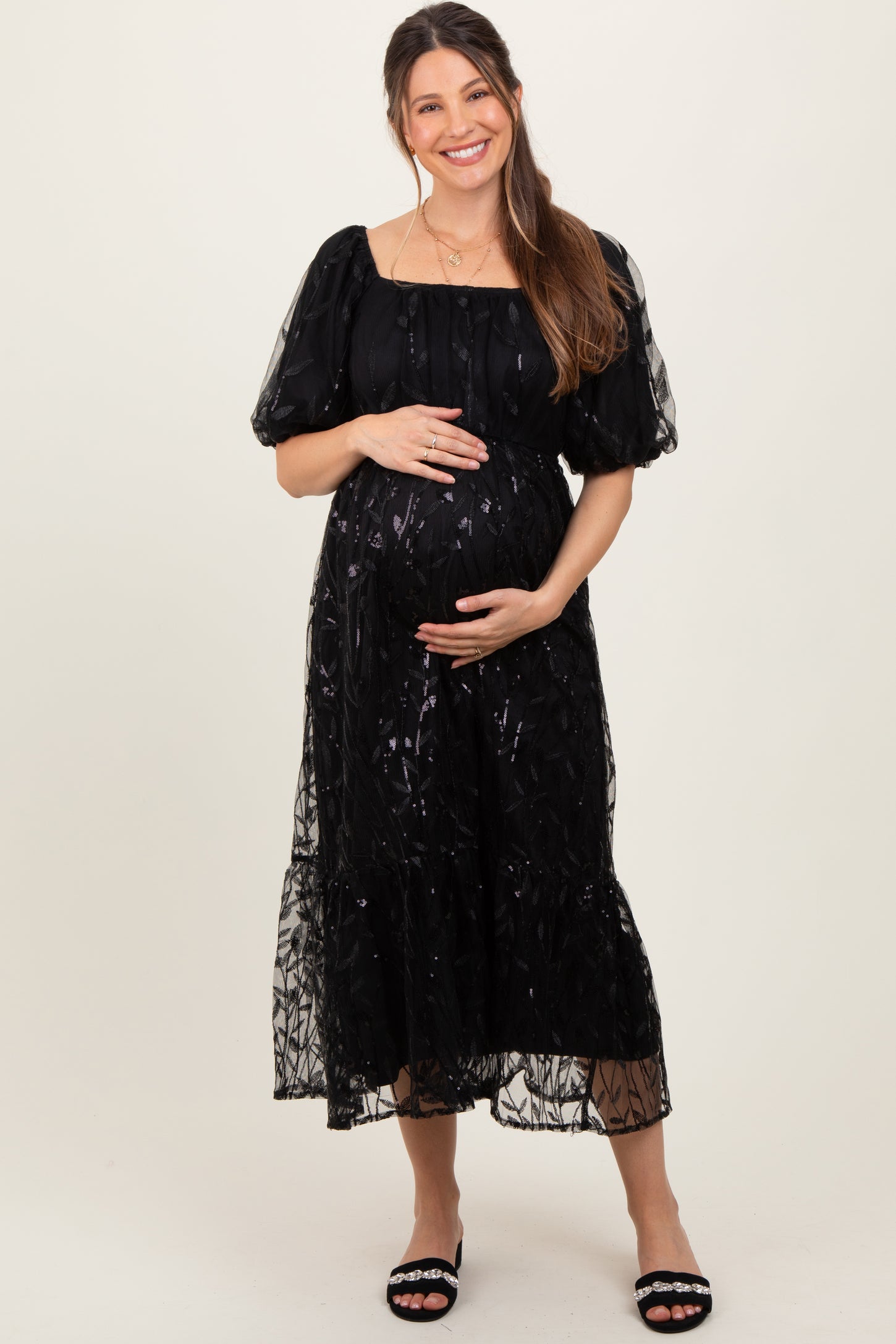 Black Embroidered Sequin Detail Mesh Overlay Maternity Maxi Dress PinkBlush Black Embroidered Sequin Detail Mesh Overlay Maternity Maxi Dress PinkBlush