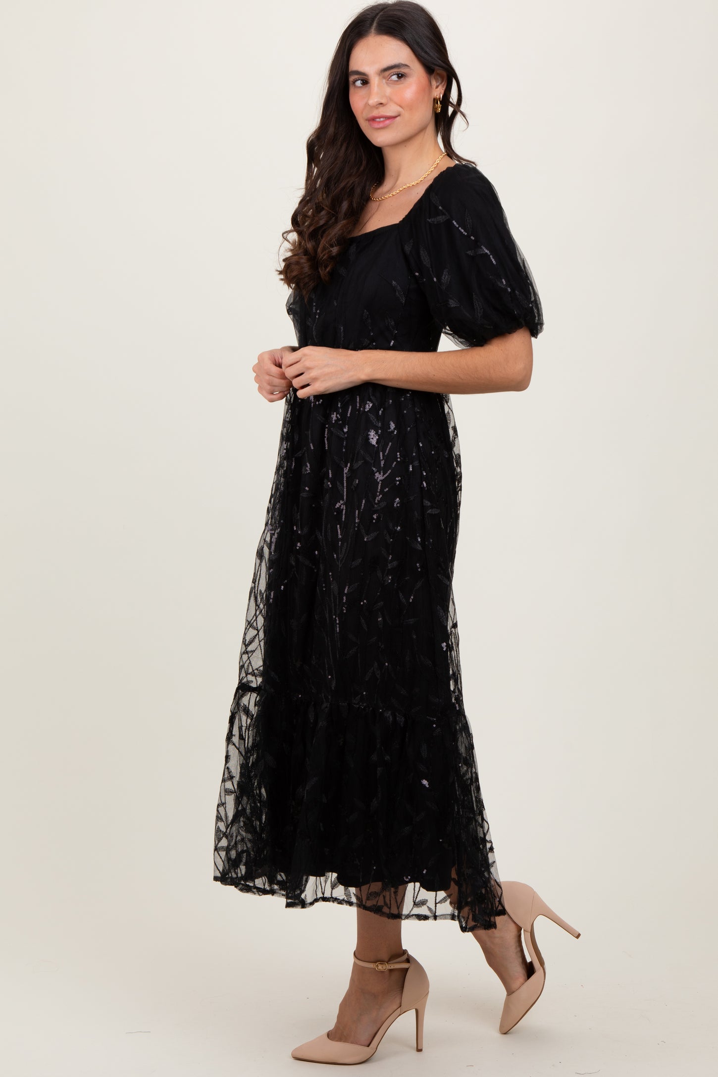 Black Embroidered Sequin Detail Mesh Overlay Maternity Maxi Dress Black Embroidered Sequin Detail Mesh Overlay Maternity Maxi Dress