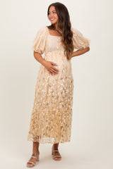 Cream Embroidered Sequin Detail Mesh Overlay Maternity Maxi Dress
