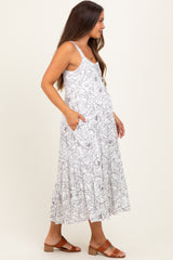 White Floral Outline Print Sleeveless Maternity Midi Dress