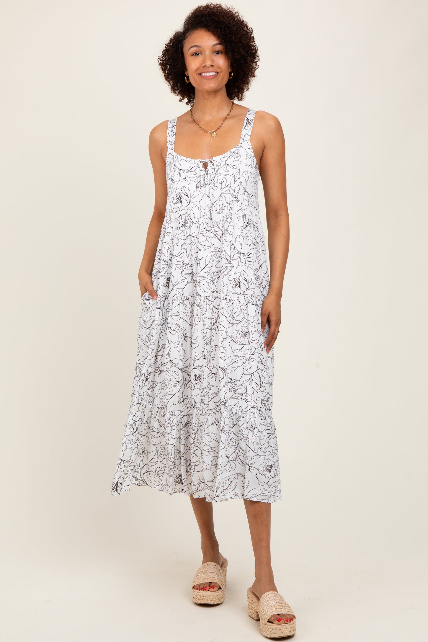 White Floral Outline Print Sleeveless Midi Dress