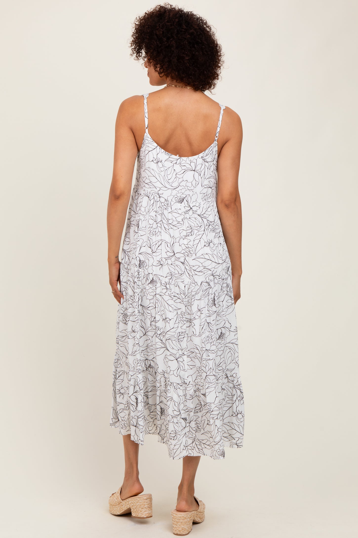 White Floral Outline Print Sleeveless Midi Dress