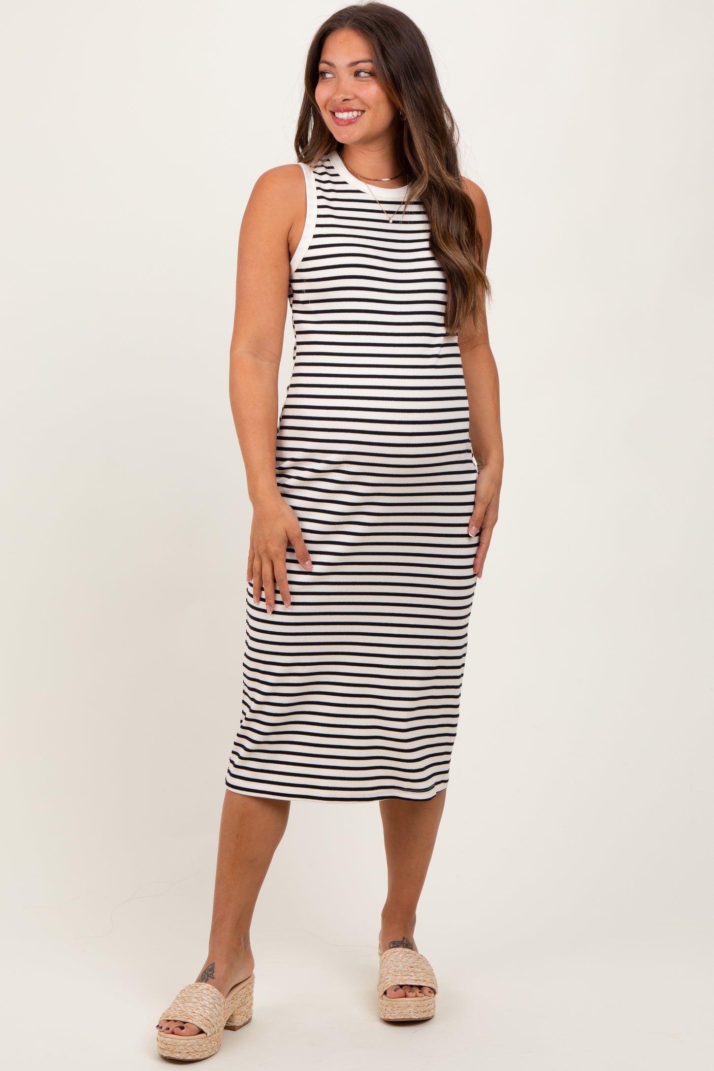 Cream Striped Ribbed Knit Sleeveless Maternity Midi Dress