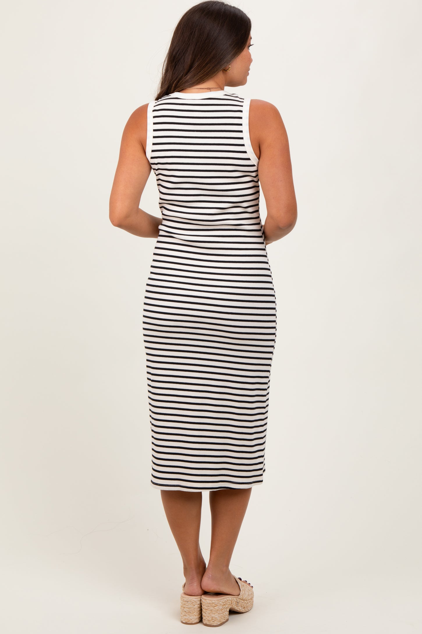 Cream Striped Ribbed Knit Sleeveless Maternity Midi Dress