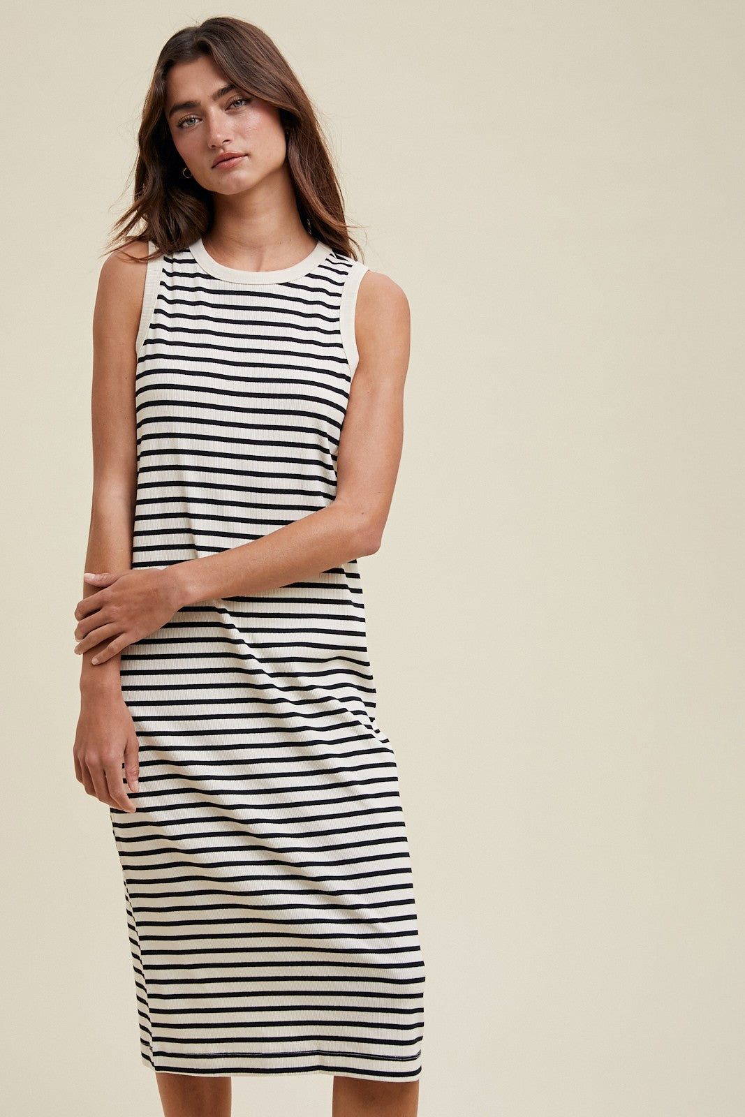 Cream Striped Ribbed Knit Sleeveless Midi Dress