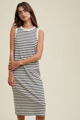 Cream Striped Ribbed Knit Sleeveless Midi Dress