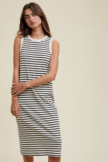 Cream Striped Ribbed Knit Sleeveless Midi Dress
