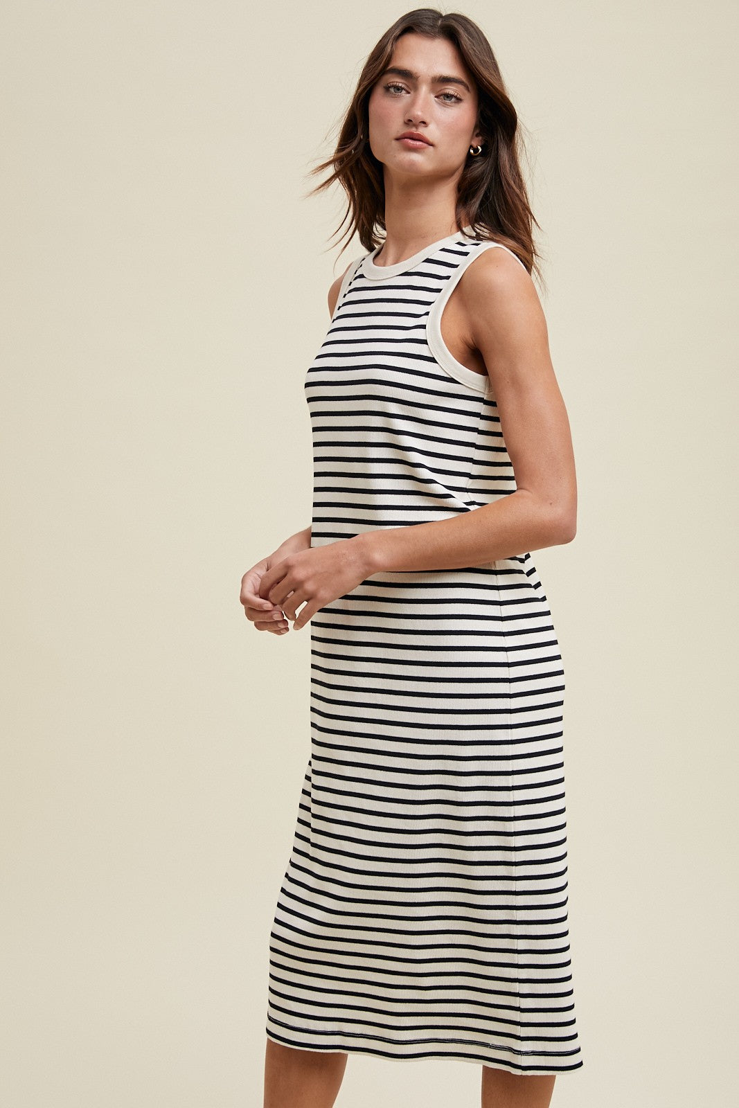 Cream Striped Ribbed Knit Sleeveless Midi Dress