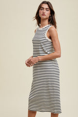 Cream Striped Ribbed Knit Sleeveless Midi Dress