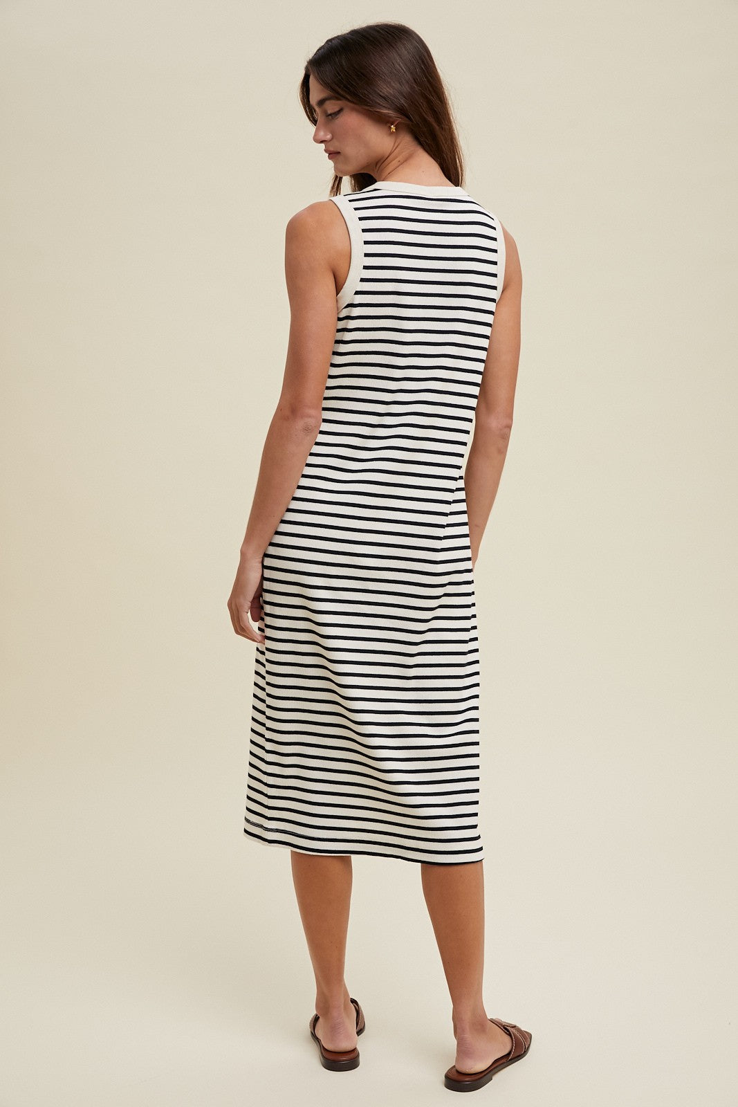 Cream Striped Ribbed Knit Sleeveless Midi Dress