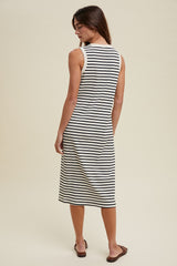 Cream Striped Ribbed Knit Sleeveless Midi Dress