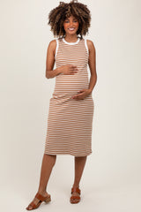 Mocha Striped Ribbed Knit Sleeveless Maternity Midi Dress