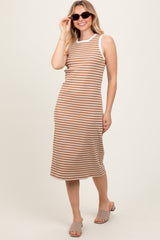 Mocha Striped Ribbed Knit Sleeveless Midi Dress