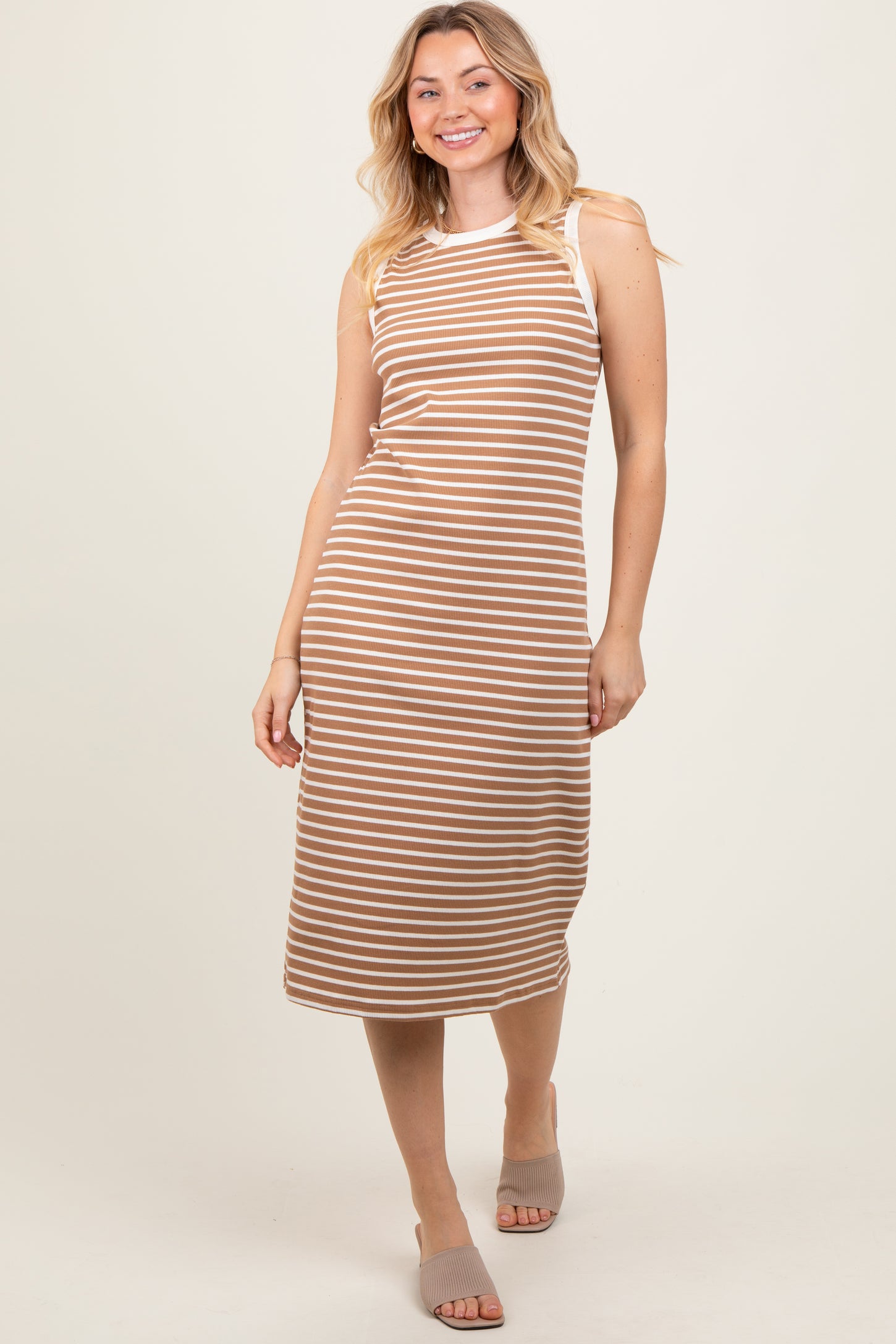 Mocha Striped Ribbed Knit Sleeveless Midi Dress