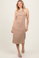 Mocha Striped Ribbed Knit Sleeveless Midi Dress