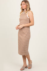 Mocha Striped Ribbed Knit Sleeveless Midi Dress