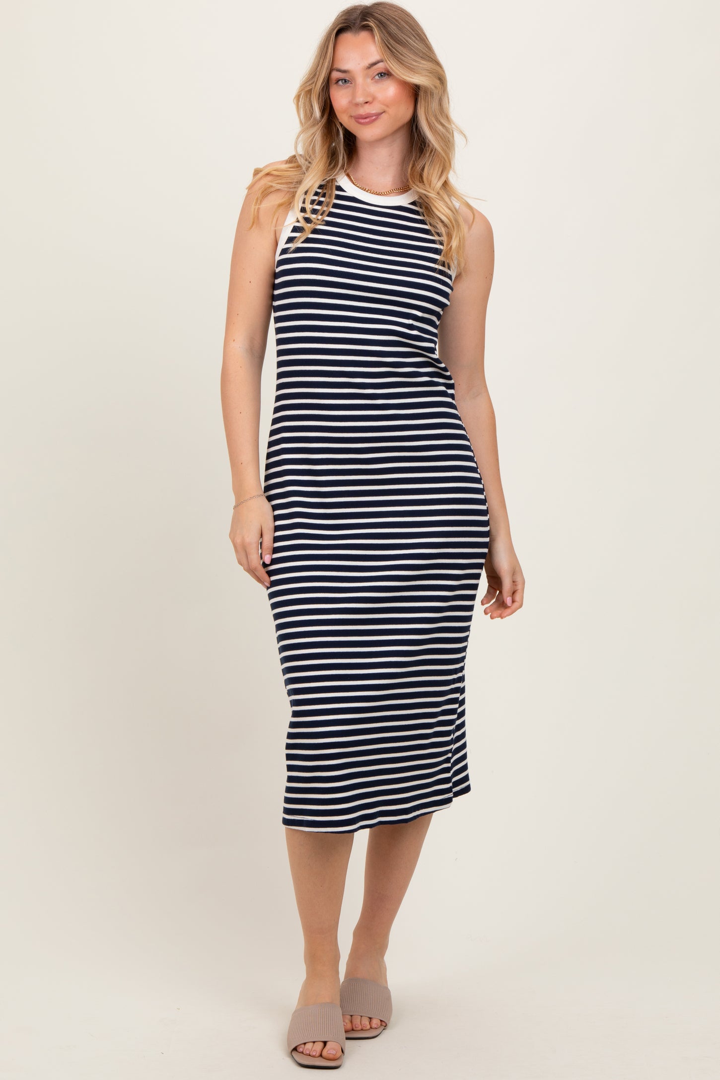 Navy Striped Ribbed Knit Sleeveless Midi Dress