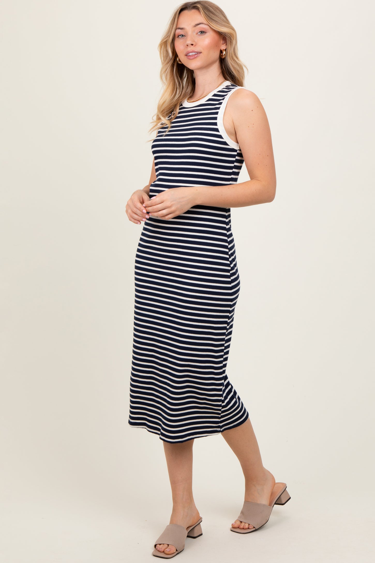 Navy Striped Ribbed Knit Sleeveless Midi Dress Navy Striped Ribbed Knit Sleeveless Midi Dress