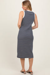 Navy Striped Ribbed Knit Sleeveless Midi Dress