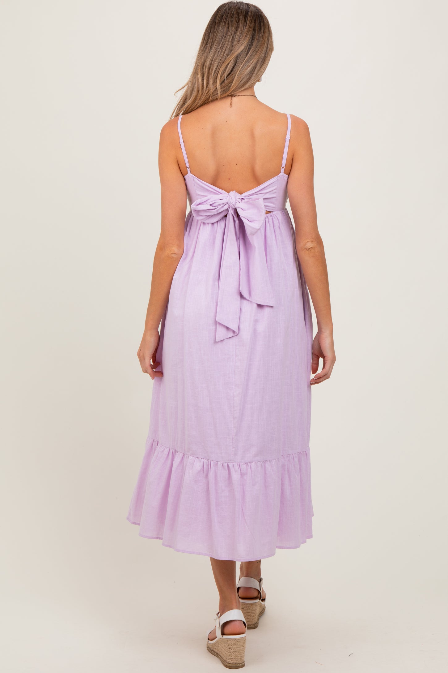 Lavender Floral Embroidery Back Ribbon Maternity Midi Dress