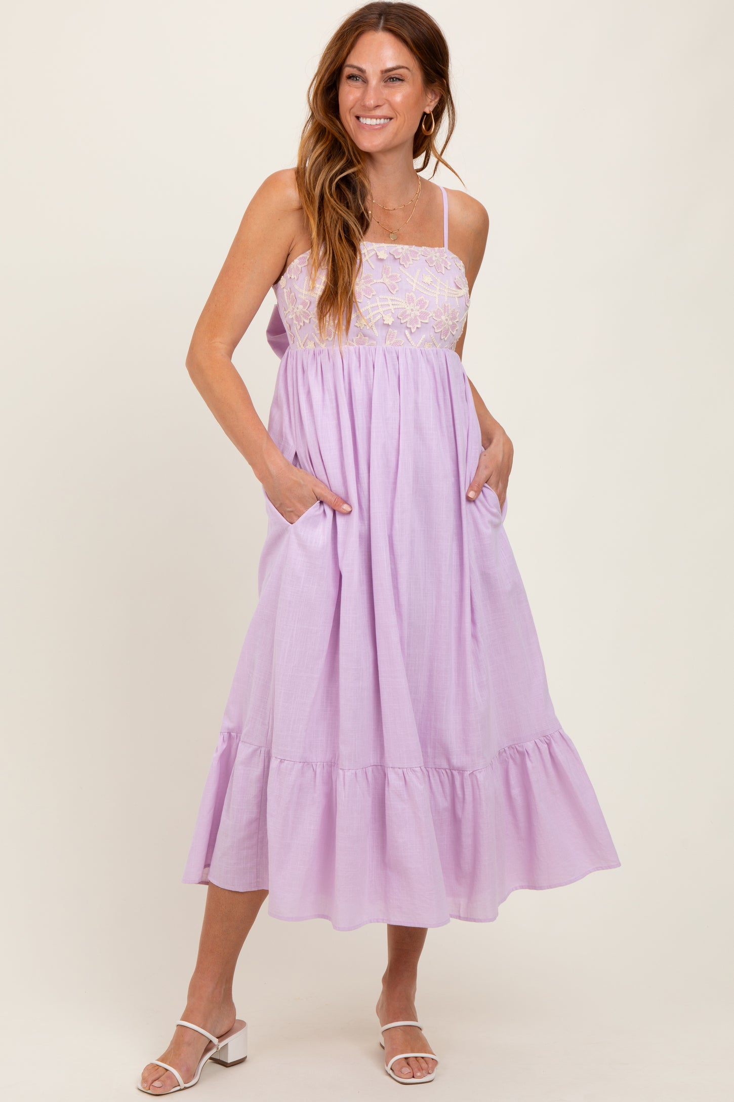 Lavender Floral Embroidery Back Ribbon Midi Dress