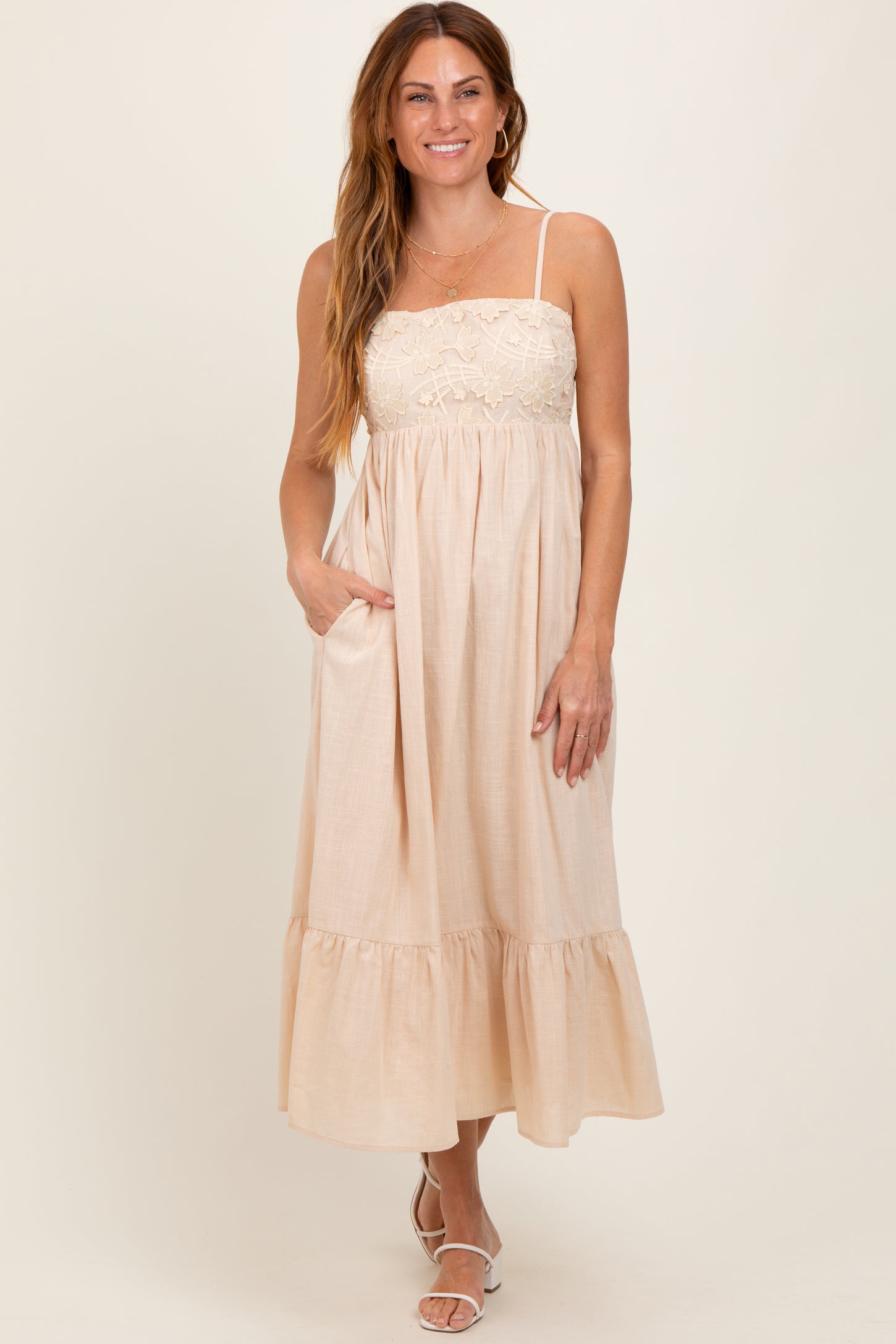 Beige Floral Embroidery Back Ribbon Midi Dress