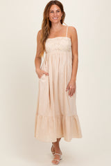 Beige Floral Embroidery Back Ribbon Midi Dress