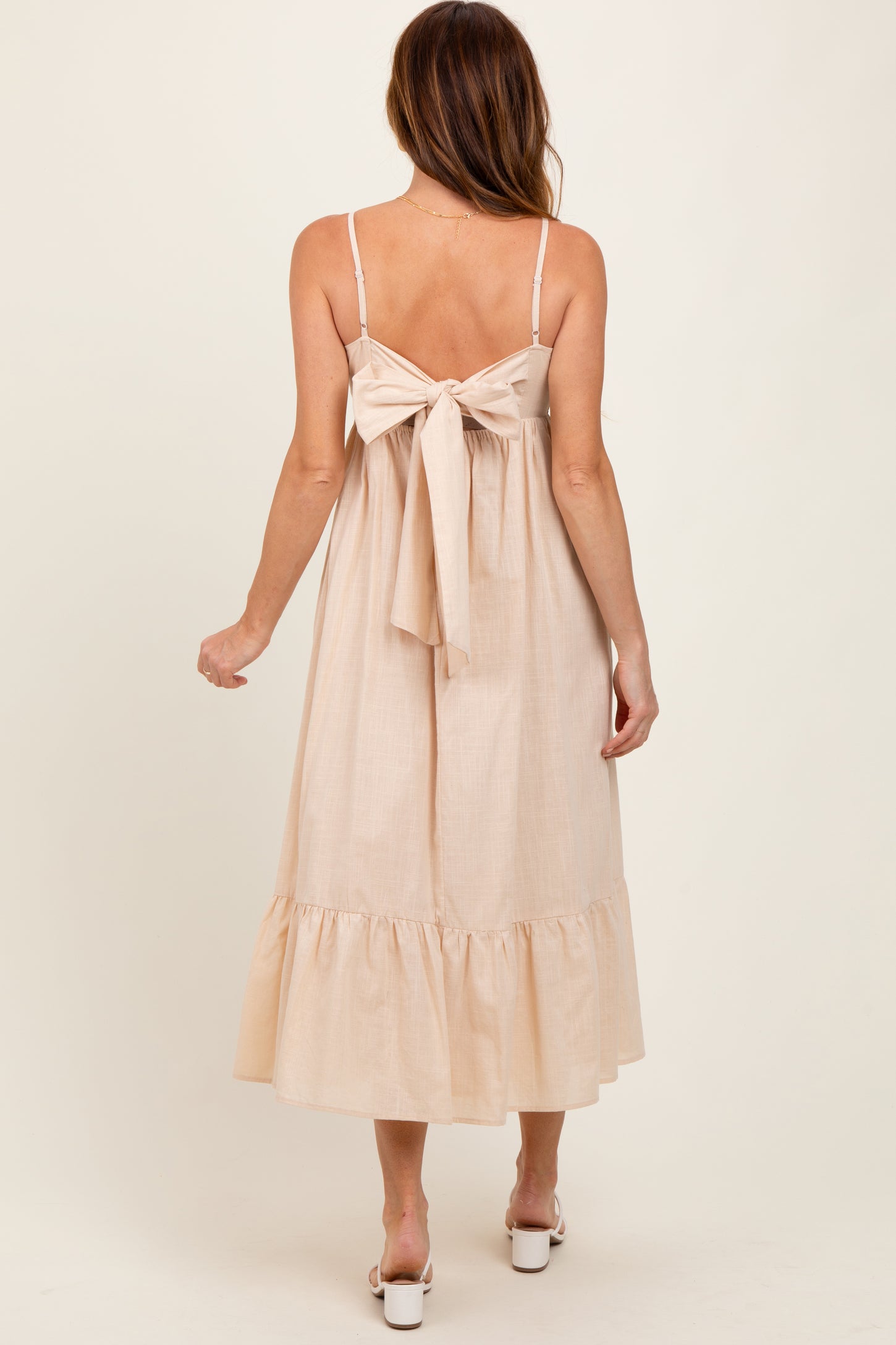 Beige Floral Embroidery Back Ribbon Midi Dress