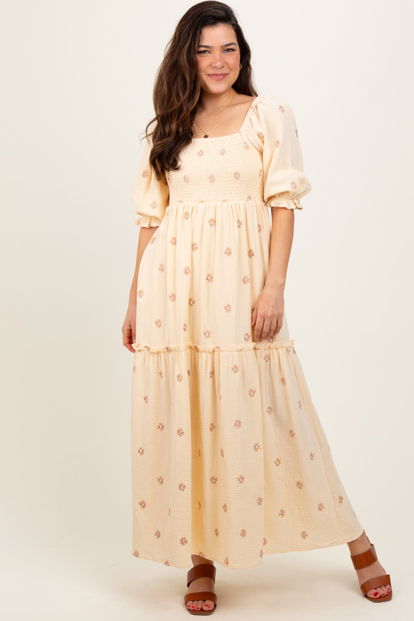 Cream Floral Smocked Puff Sleeve Maxi Dress