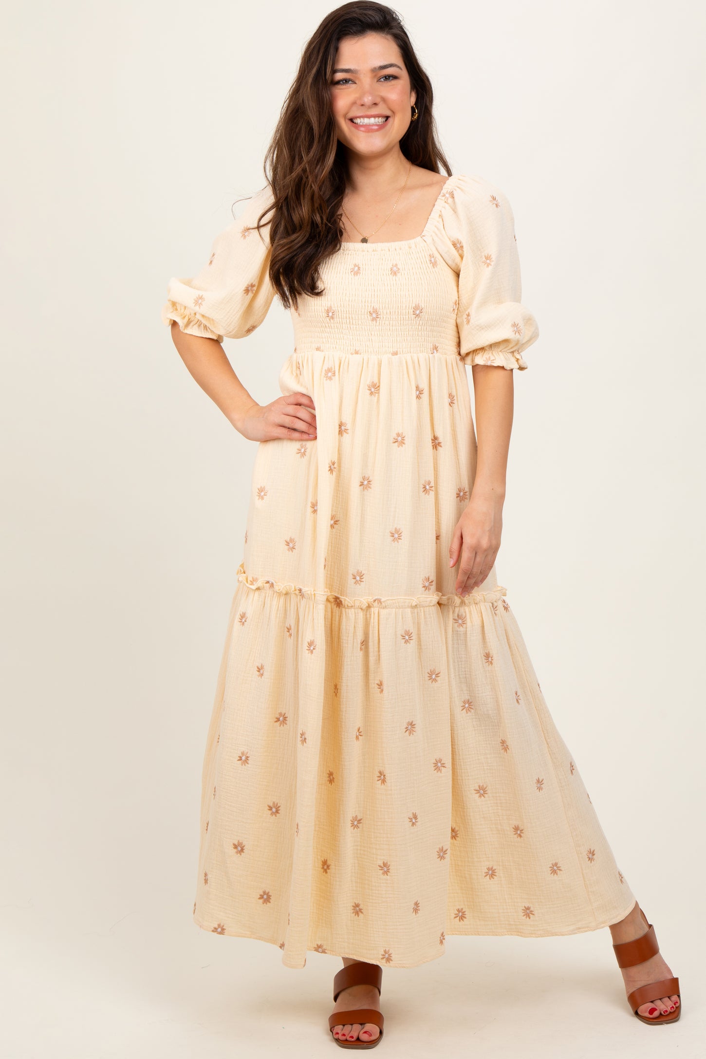 Cream Floral Smocked Puff Sleeve Maxi Dress – PinkBlush