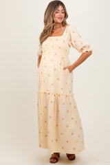 Cream Floral Smocked Puff Sleeve Maternity Maxi Dress