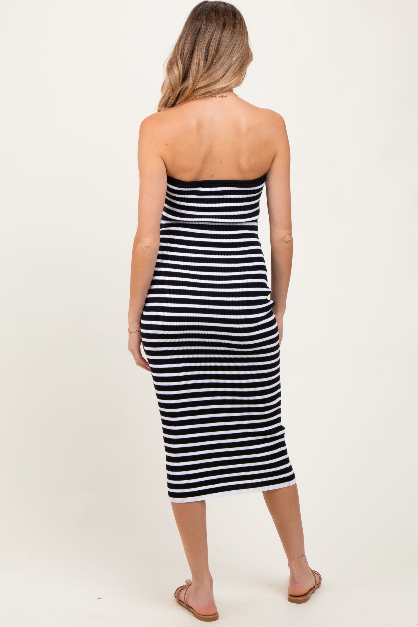 Black Striped Knit Strapless Maternity Midi Dress