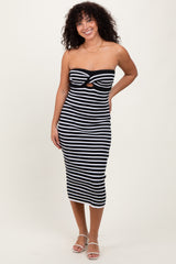 Black Striped Knit Strapless Maternity Midi Dress
