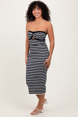 Black Striped Knit Strapless Midi Dress