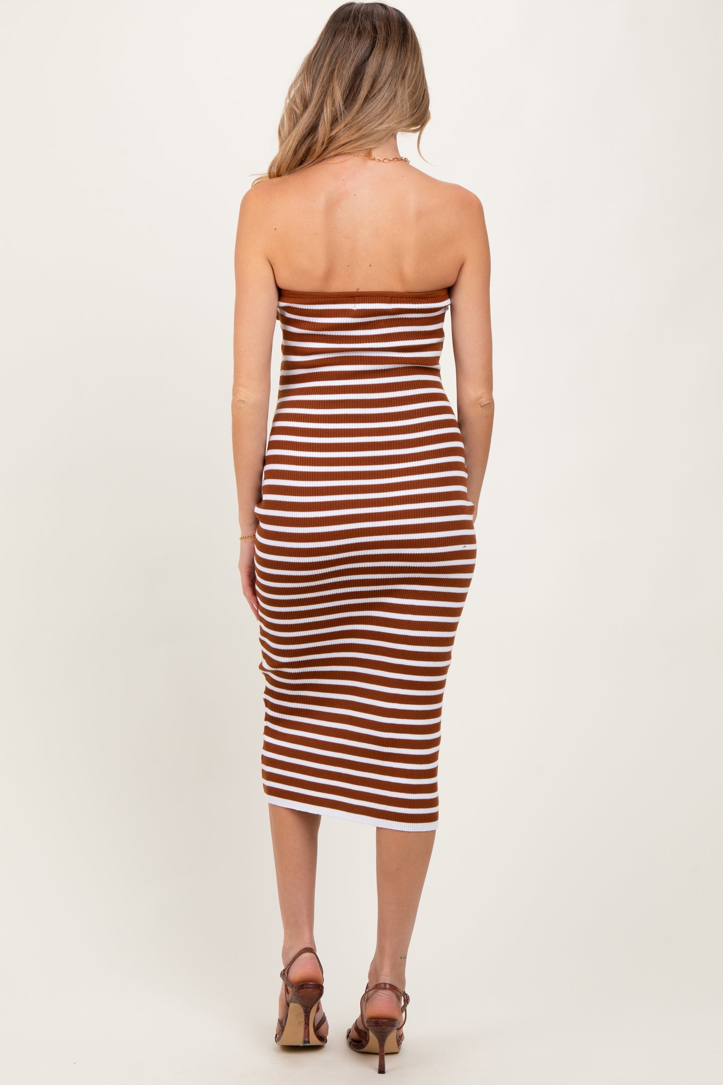 Camel Striped Knit Strapless Maternity Midi Dress