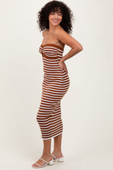 Camel Striped Knit Strapless Maternity Midi Dress