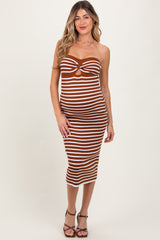 Camel Striped Knit Strapless Maternity Midi Dress