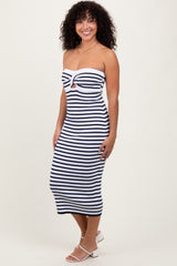 Navy Striped Knit Strapless Midi Dress