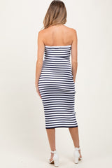 Navy Striped Knit Strapless Maternity Midi Dress