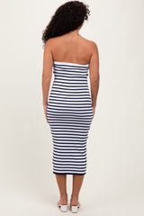 Navy Striped Knit Strapless Midi Dress