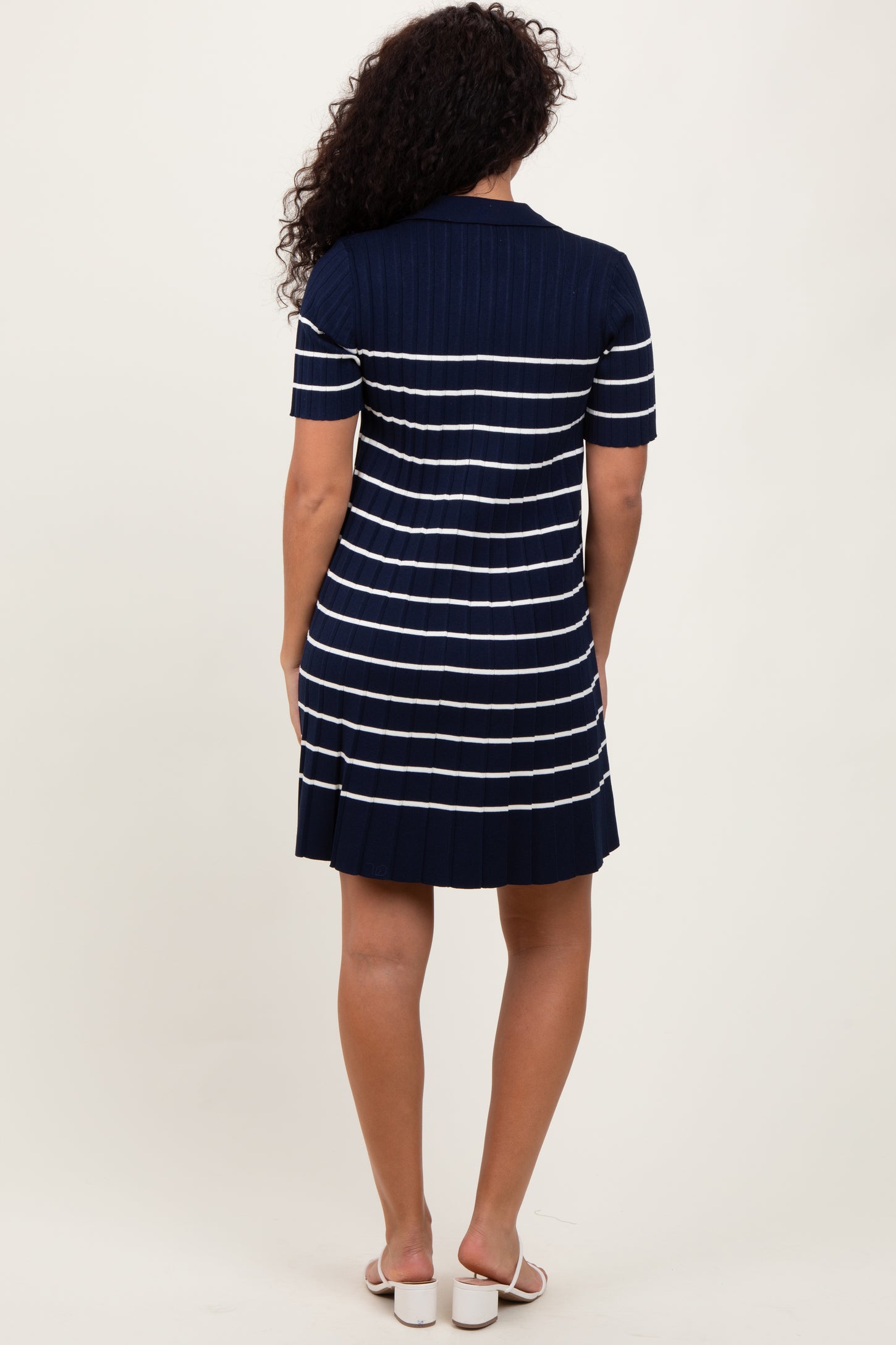 Navy Striped Knit Collared Pleated Dress