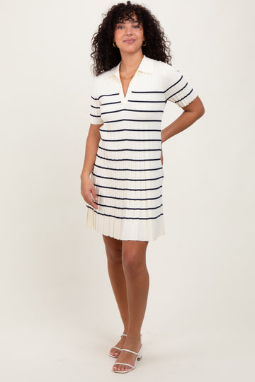 White Striped Knit Collared Pleated Dress